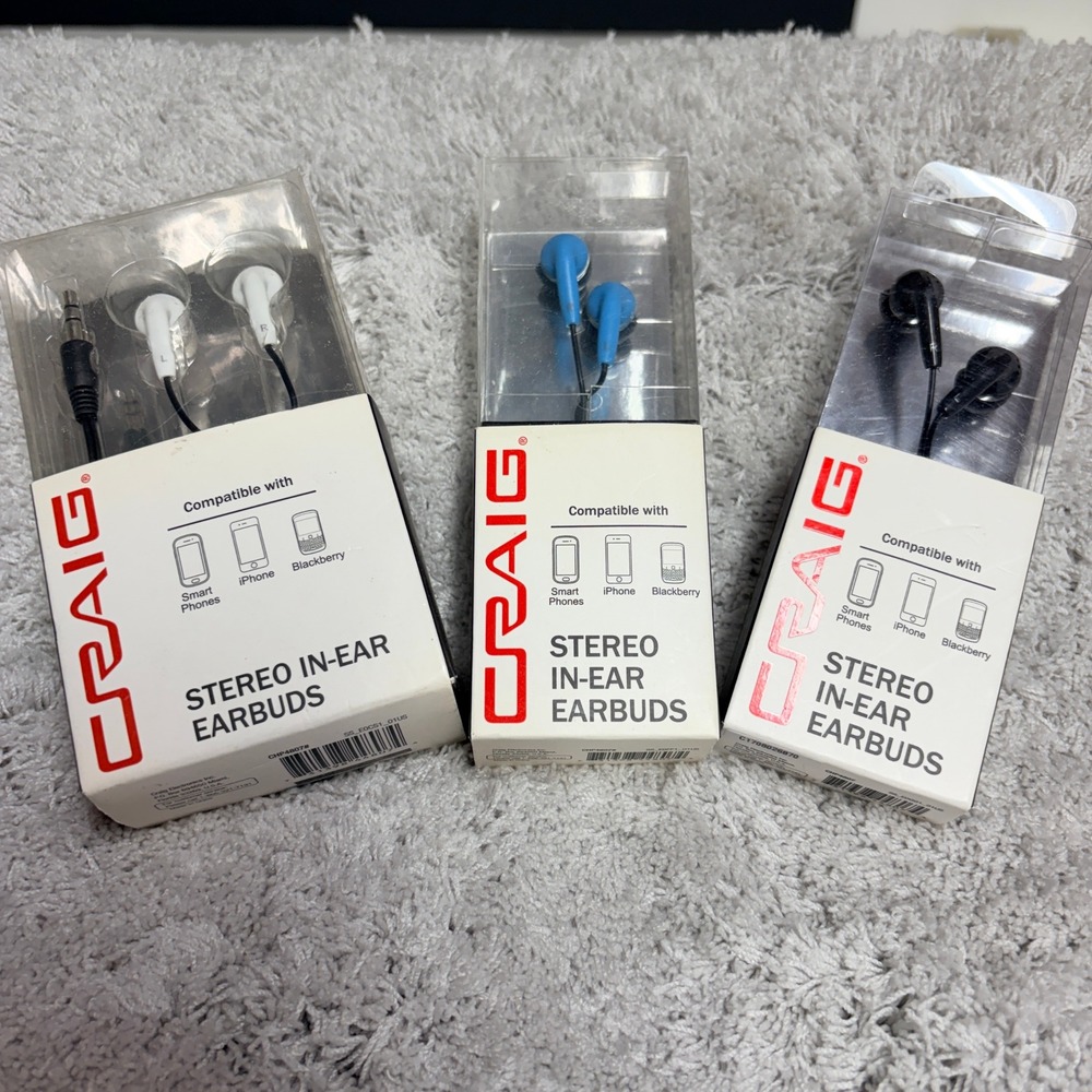 Craig Stereo In-Ear Earbuds 3 Pack Bundle CHP4807 White Blue Black‎ 3.5mm Wired